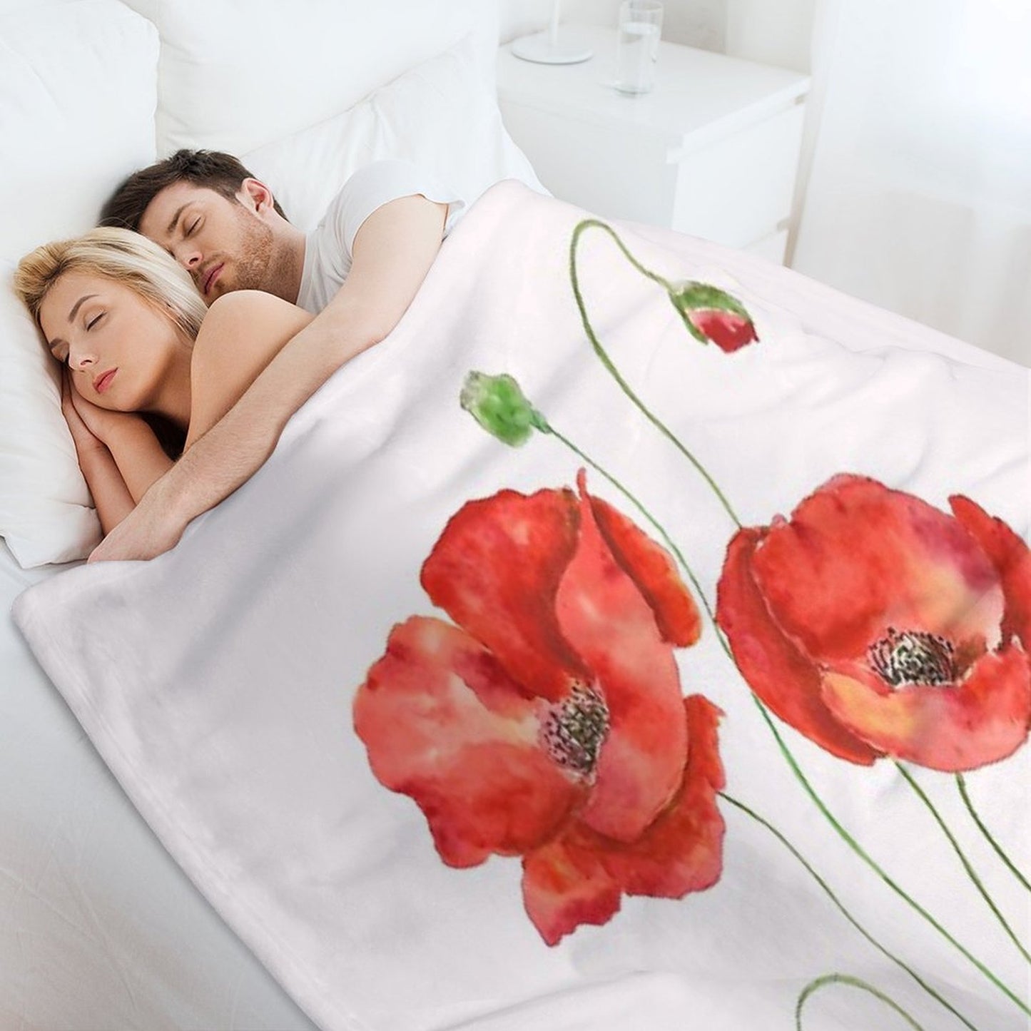 Hand Painted 2 Orange Poppies Watercolor Painting Throw Blanket