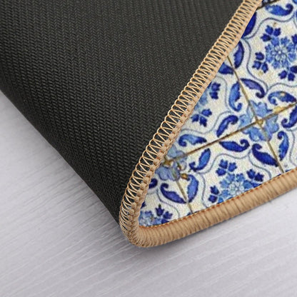 Portuguese Tiles. Blue Flowers And Leaves Bath Mat