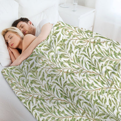 Willow Bough by William Morris - Seamless-  Gold Green Leaves on Off White Background Throw Blanket