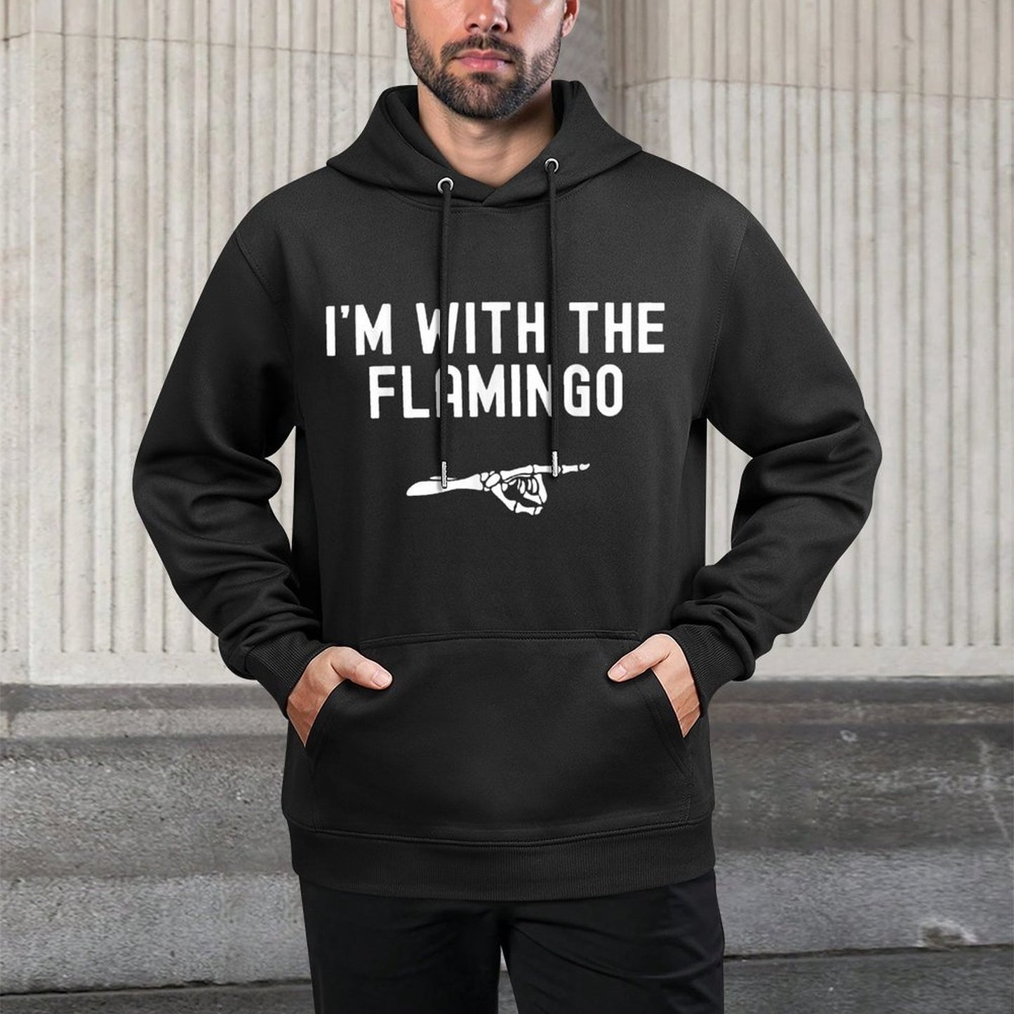 Im With The Flamingo Funny Halloween Spooky Skeleton Hand Shrink-Resistant Hoodie