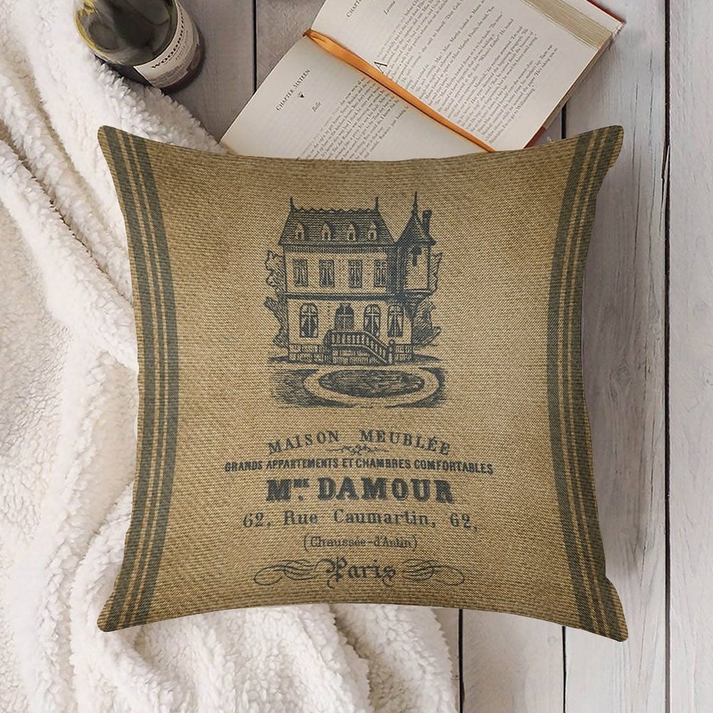 Vintage Burlap French House Design Linen Throw Pillow Cover