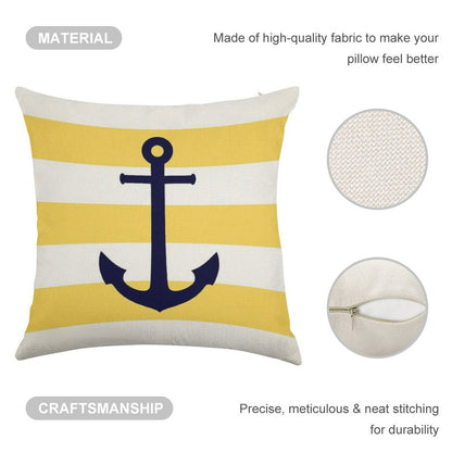 Nautical Navy Blue Anchor On Mustard Yellow Stripes Linen Throw Pillow Cover