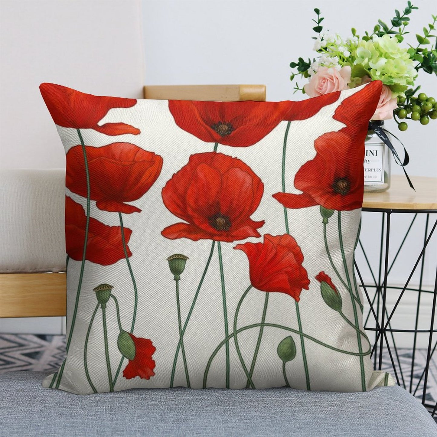 Poppy Stems. Linen Throw Pillow Cover