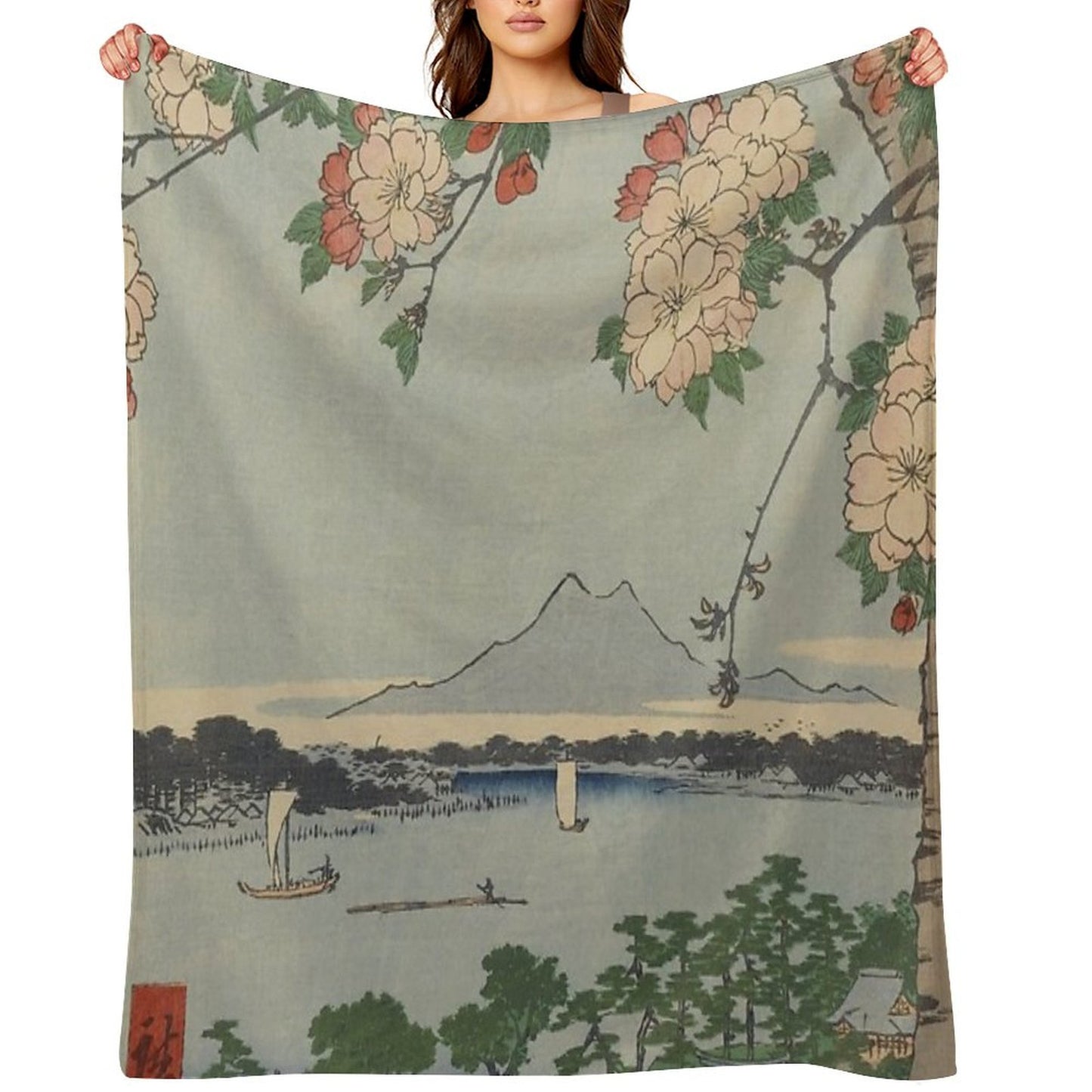 Cherry Blossoms on Spring River Ukiyo-e Japanese Art Throw Blanket