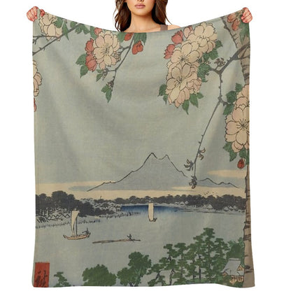 Cherry Blossoms on Spring River Ukiyo-e Japanese Art Throw Blanket