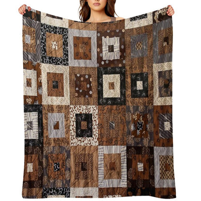 Classic Retro Brown Quilted Patchwork Quilting Pattern Mosaic Motif Throw Blanket