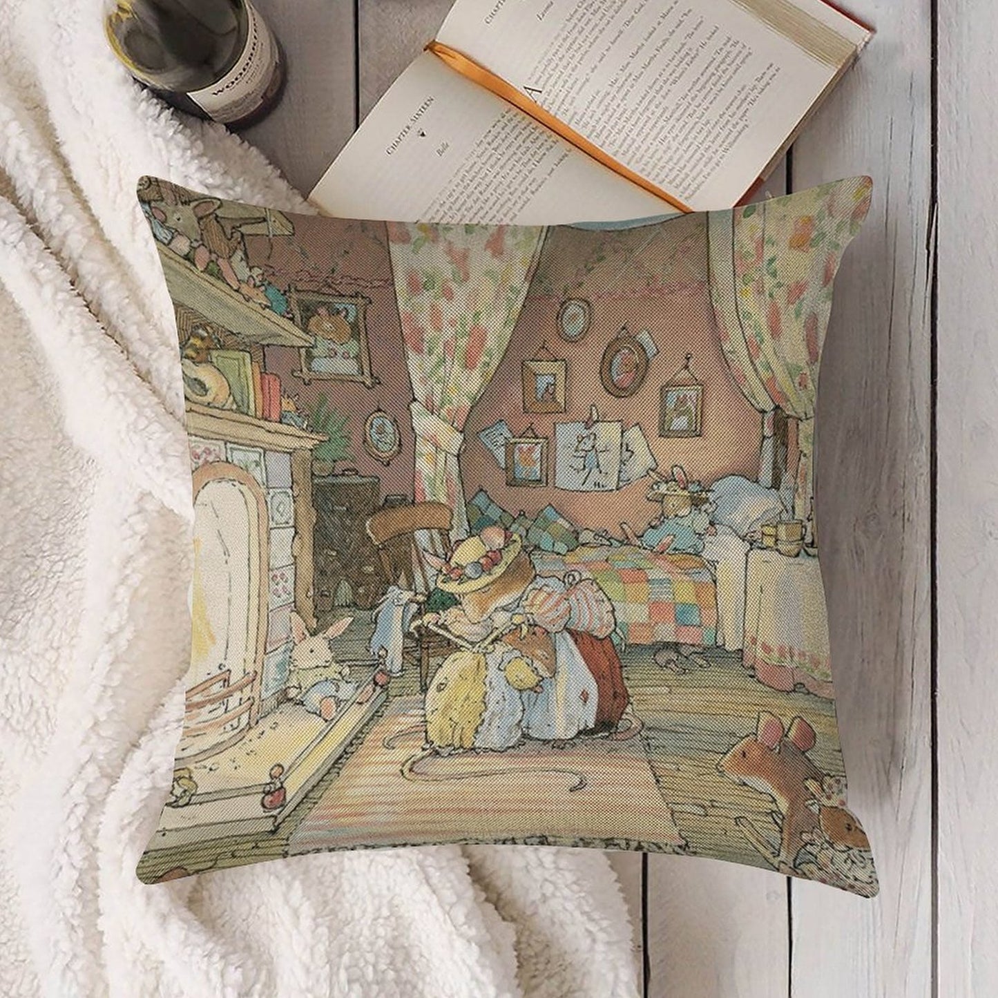 Lady Woodmouse Gets Primrose Ready for Bed Linen Throw Pillow Cover