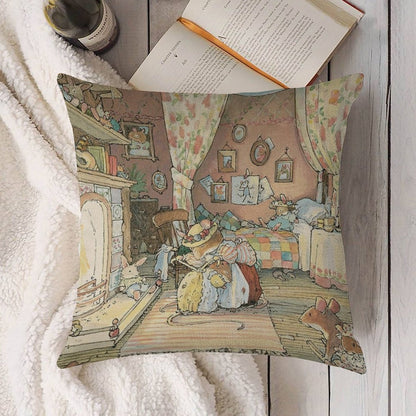 Lady Woodmouse Gets Primrose Ready for Bed Linen Throw Pillow Cover