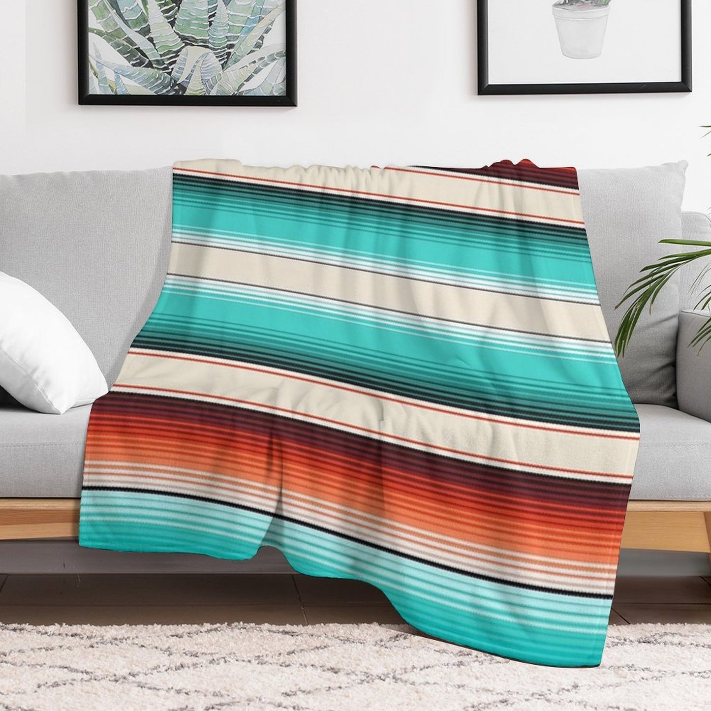 Navajo White, Turquoise And Burnt Orange Southwest Serape Blanket Stripes Throw Blanket