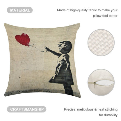 Banksy's Girl with A Red Balloon III Linen Throw Pillow Cover