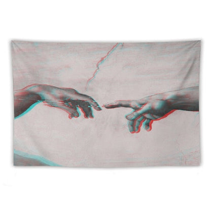 The Creation of Adam in GLITCH - Wall Tapestries Sistine Chapel Near-touching Hands of God And Adam Red Colorized Tapestry