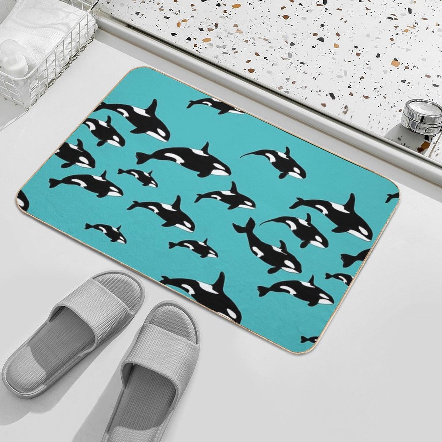 Orca Killer Whales Pattern on Blue Bath Mat