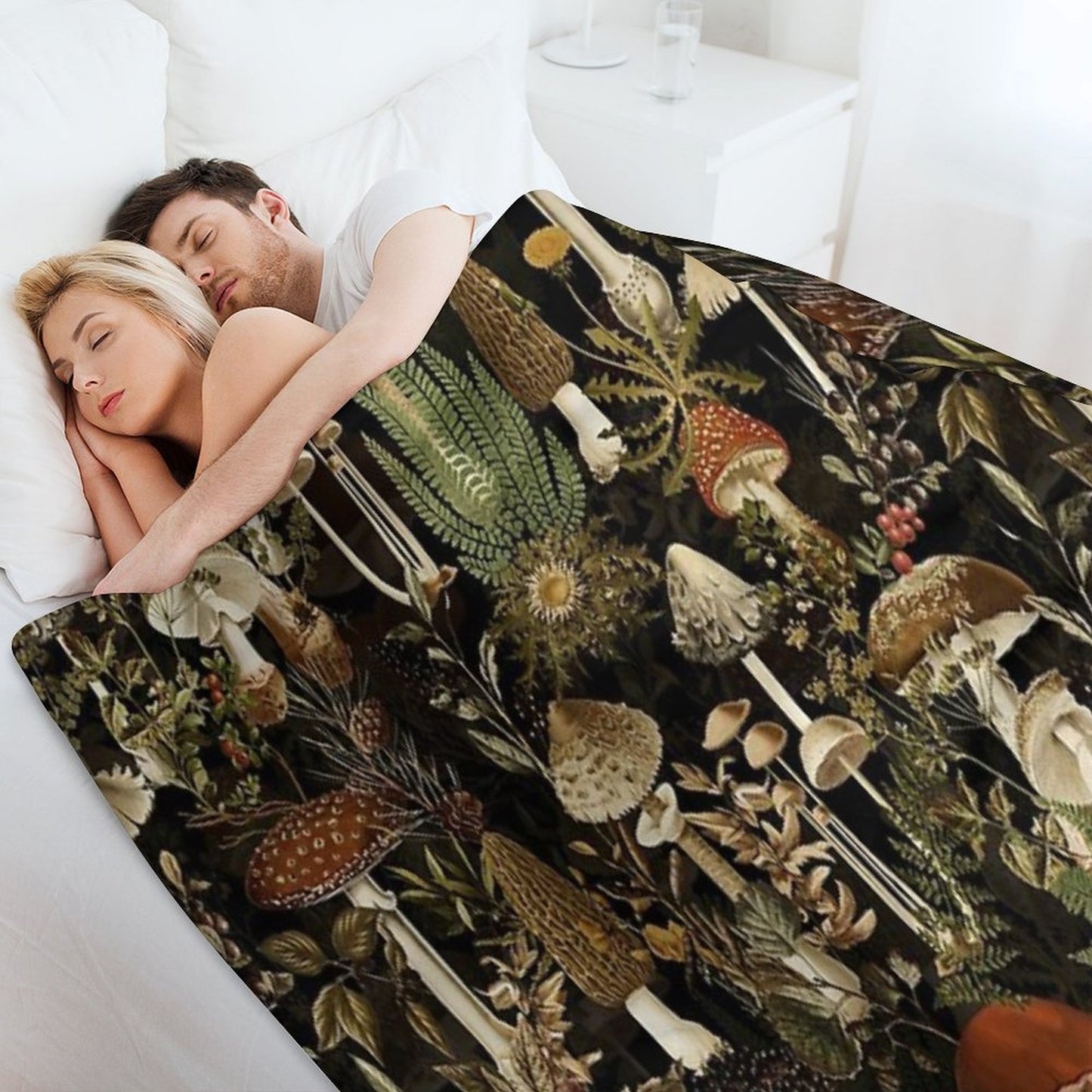 Vintage Midnight Mushrooms Forest Botanical Night Garden Pattern - Black Nightgarden Throw Blanket