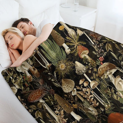 Vintage Midnight Mushrooms Forest Botanical Night Garden Pattern - Black Nightgarden Throw Blanket