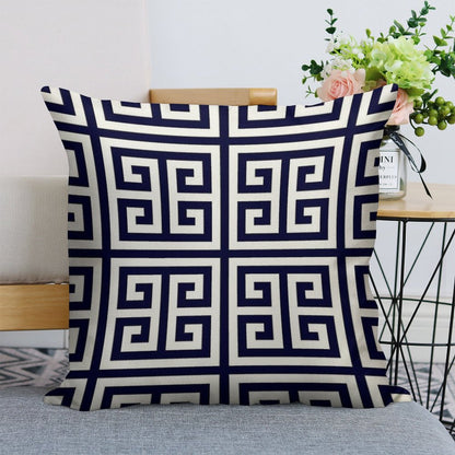 Greek Key Navy Blue And White Pattern Linen Throw Pillow Cover