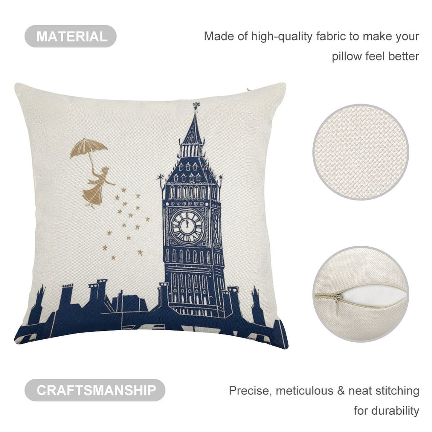 Mary Poppins And Big Ben Linocut Linen Throw Pillow Cover