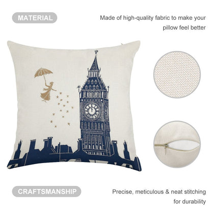 Mary Poppins And Big Ben Linocut Linen Throw Pillow Cover