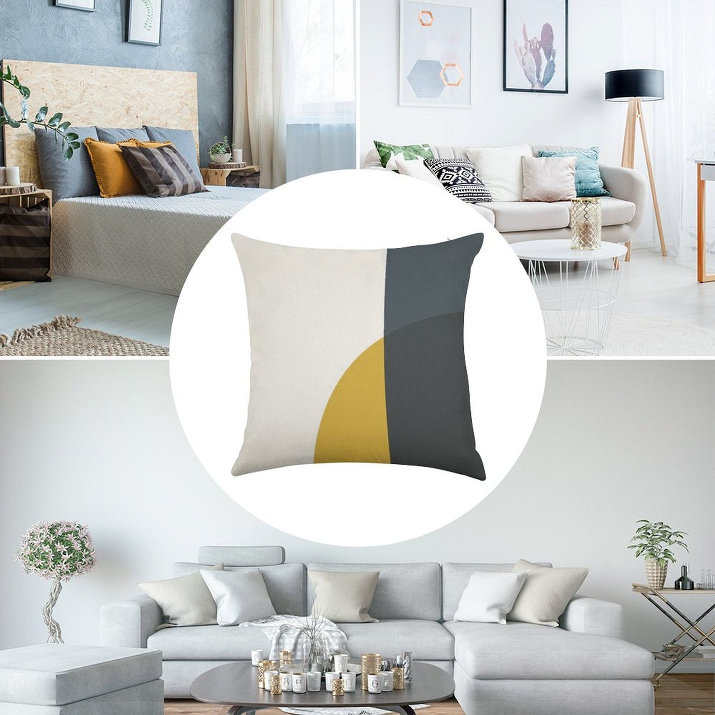 Abstract Geometric Minimalist 2 Navy Blue, Light Mustard Yellow, And White Linen Throw Pillow Cover