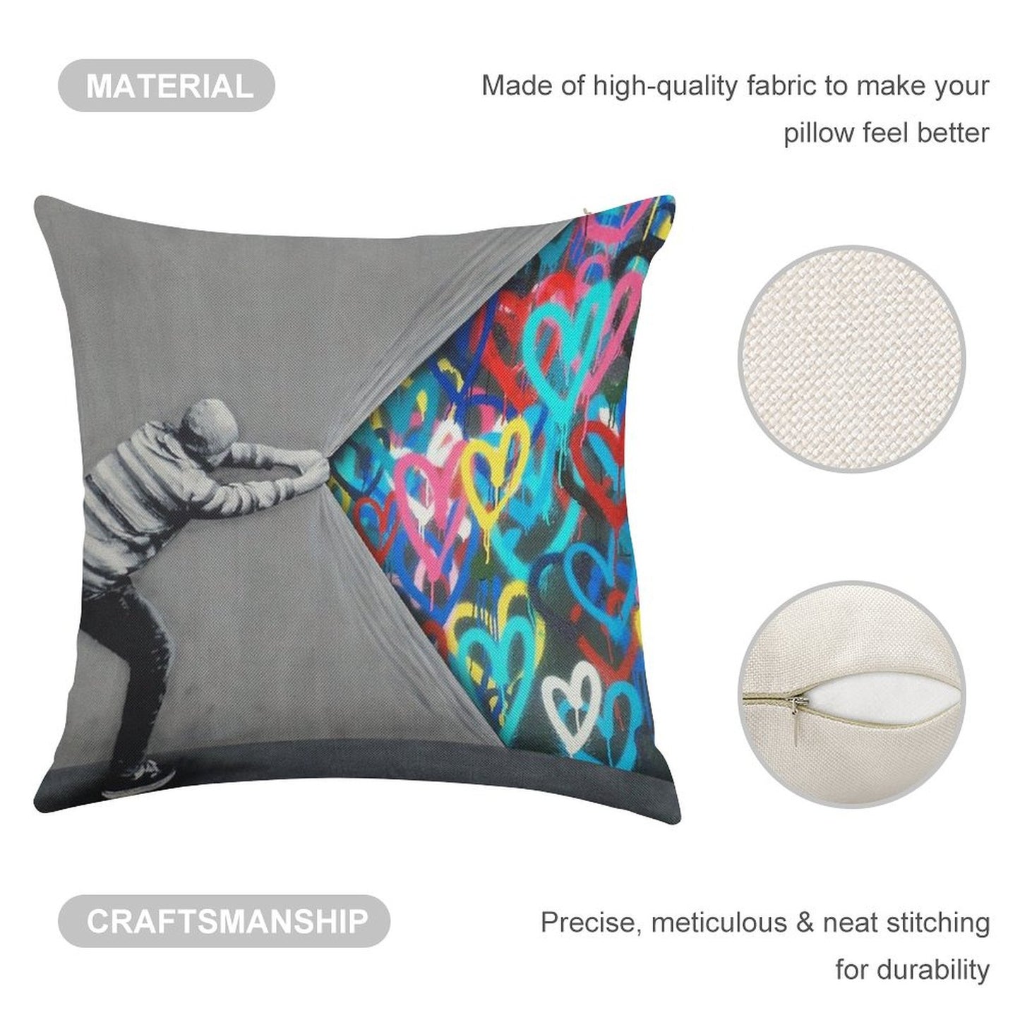 Behind The Curtain Graffiti Hearts Spray Paint Art Linen Throw Pillow Cover