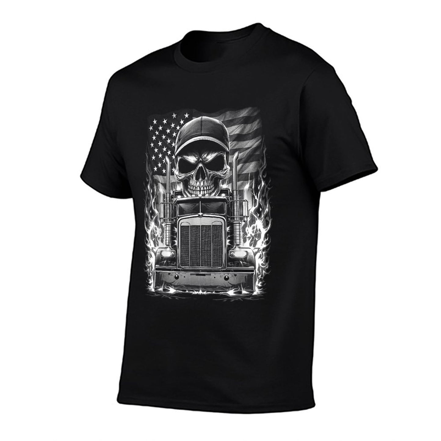 Trucker Patriotic American Flag Semi Truck Driver Skull T-Shirt