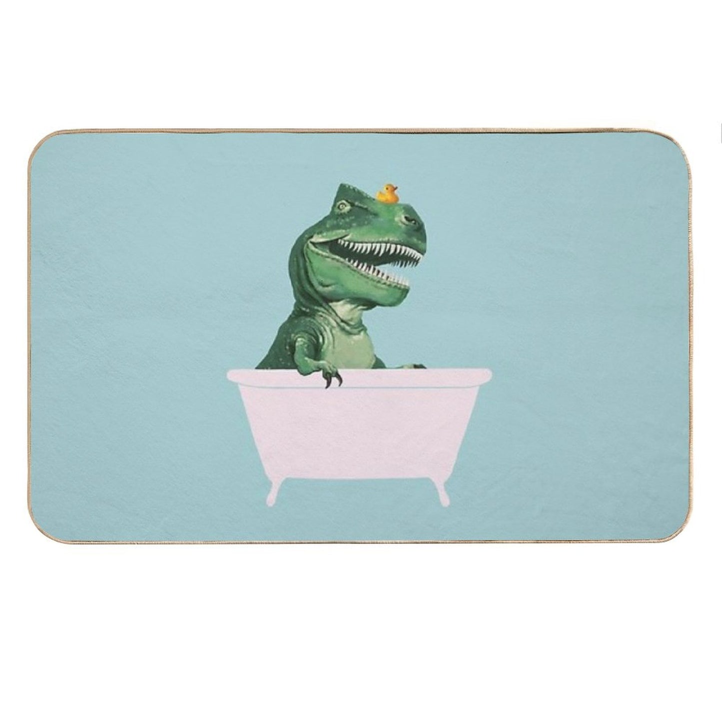 Playful T-Rex in Bathtub in Green Bath Mat