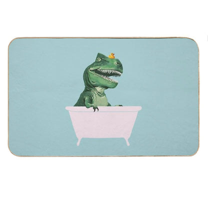 Playful T-Rex in Bathtub in Green Bath Mat
