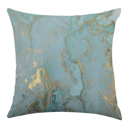 Marble Design - Gold Effect - Turquoise Blue, Teal Marbling Linen Throw Pillow Cover
