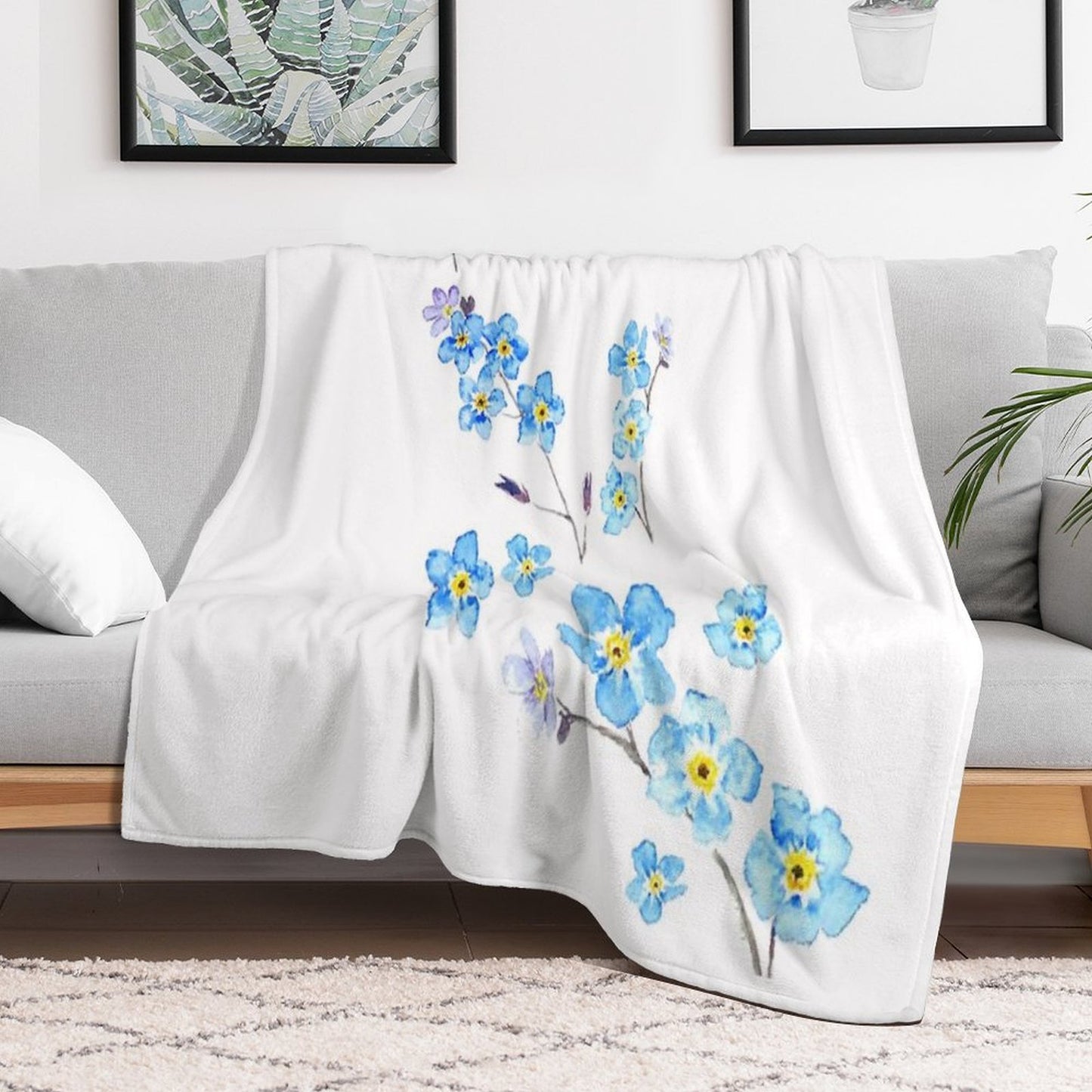 Blue Forget Me Not  Watercolor Painting Throw Blanket