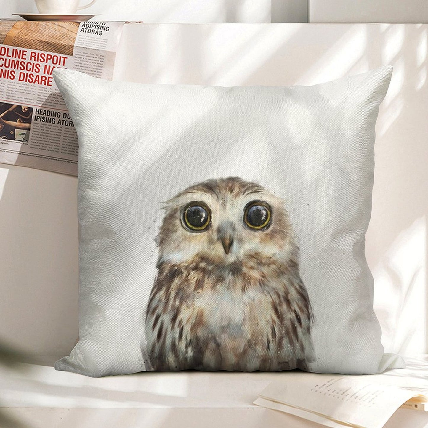Little Owl Linen Throw Pillow Cover