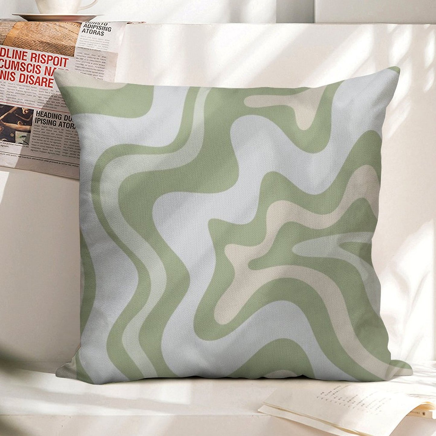 Liquid Swirl Contemporary Abstract in Light Sage Green Grey Almond Linen Throw Pillow Cover