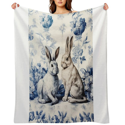 Toile De Jouy Blue Two Rabbits  Delft Blue  Floral And Animal Throw Blanket