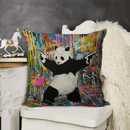 Panda With Guns Stick Em Up - Pop Street Art Banksy Linen Throw Pillow Cover