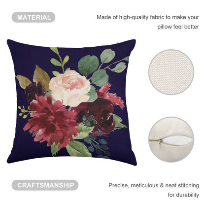 Navy, Burgundy And Blush Floral Art with Eucalyptus Linen Throw Pillow Cover