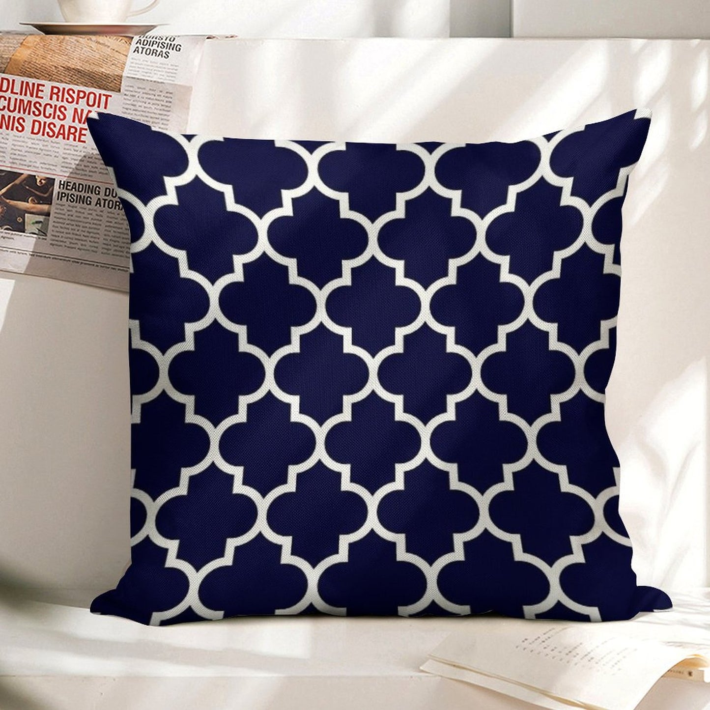 Navy Blue Quatrefoil Pattern Linen Throw Pillow Cover