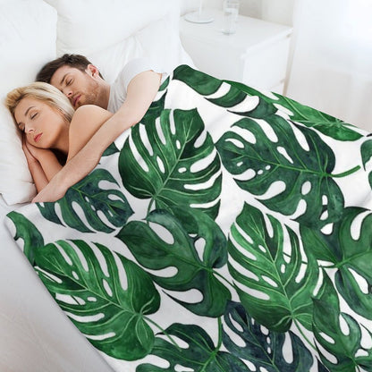 Tropical Monstera Leaves - Dark Emerald Green Throw Blanket