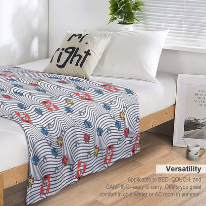 Grafic Waves from Stripes with Fish And Crabs. Sea Seamless Pattern. Throw Blanket