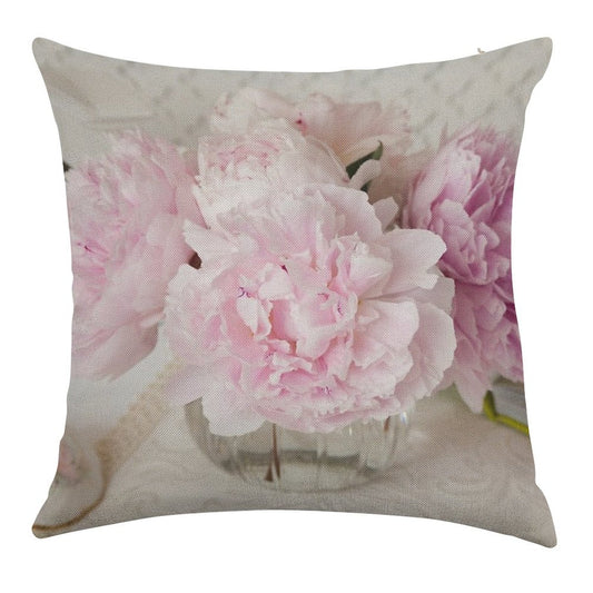 Pink Peonies Linen Throw Pillow Cover