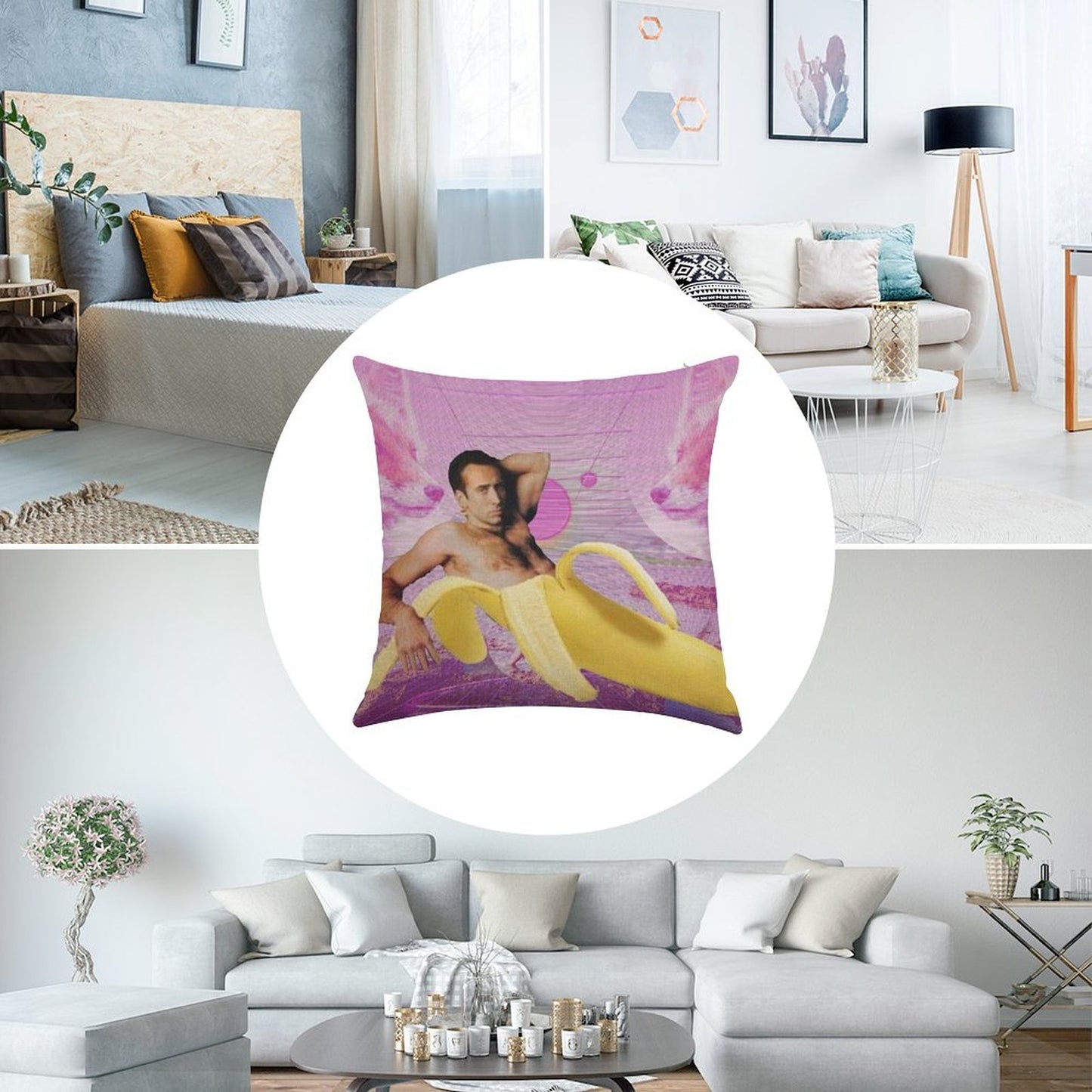 Nicholas Cage Banana Vaporwave Linen Throw Pillow Cover