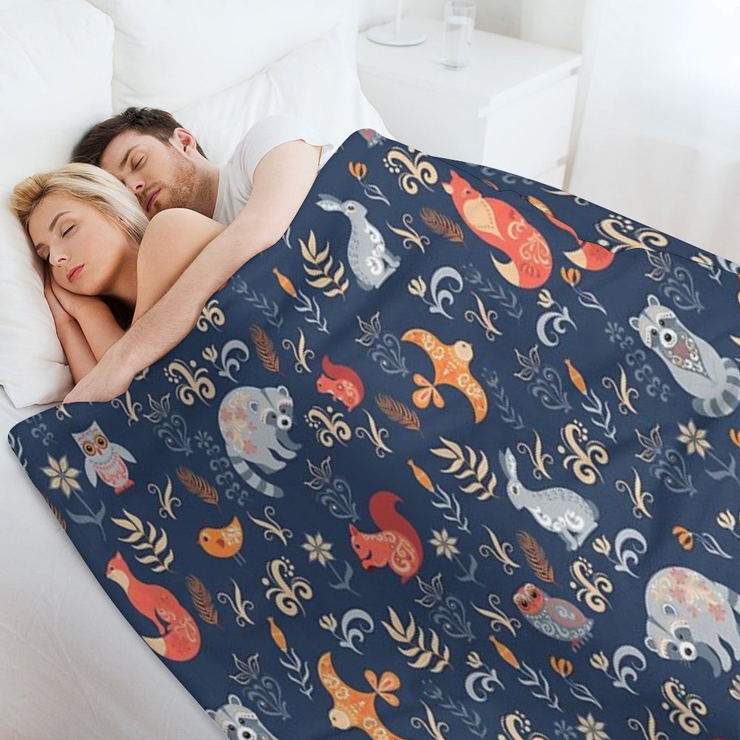 Fairy-tale Forest. Fox, Bear, Raccoon, Owls, Rabbits, Flowers And Herbs on A Blue Background. Throw Blanket