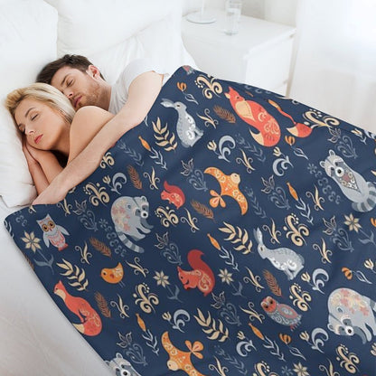 Fairy-tale Forest. Fox, Bear, Raccoon, Owls, Rabbits, Flowers And Herbs on A Blue Background. Throw Blanket