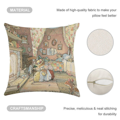 Lady Woodmouse Gets Primrose Ready for Bed Linen Throw Pillow Cover