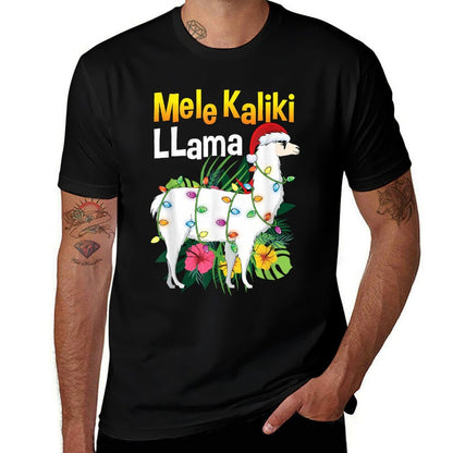 Mele Kalikimaka Christmas Hawaiian Llama X-Mas Lights  Rolled Sleeves T-Shirt