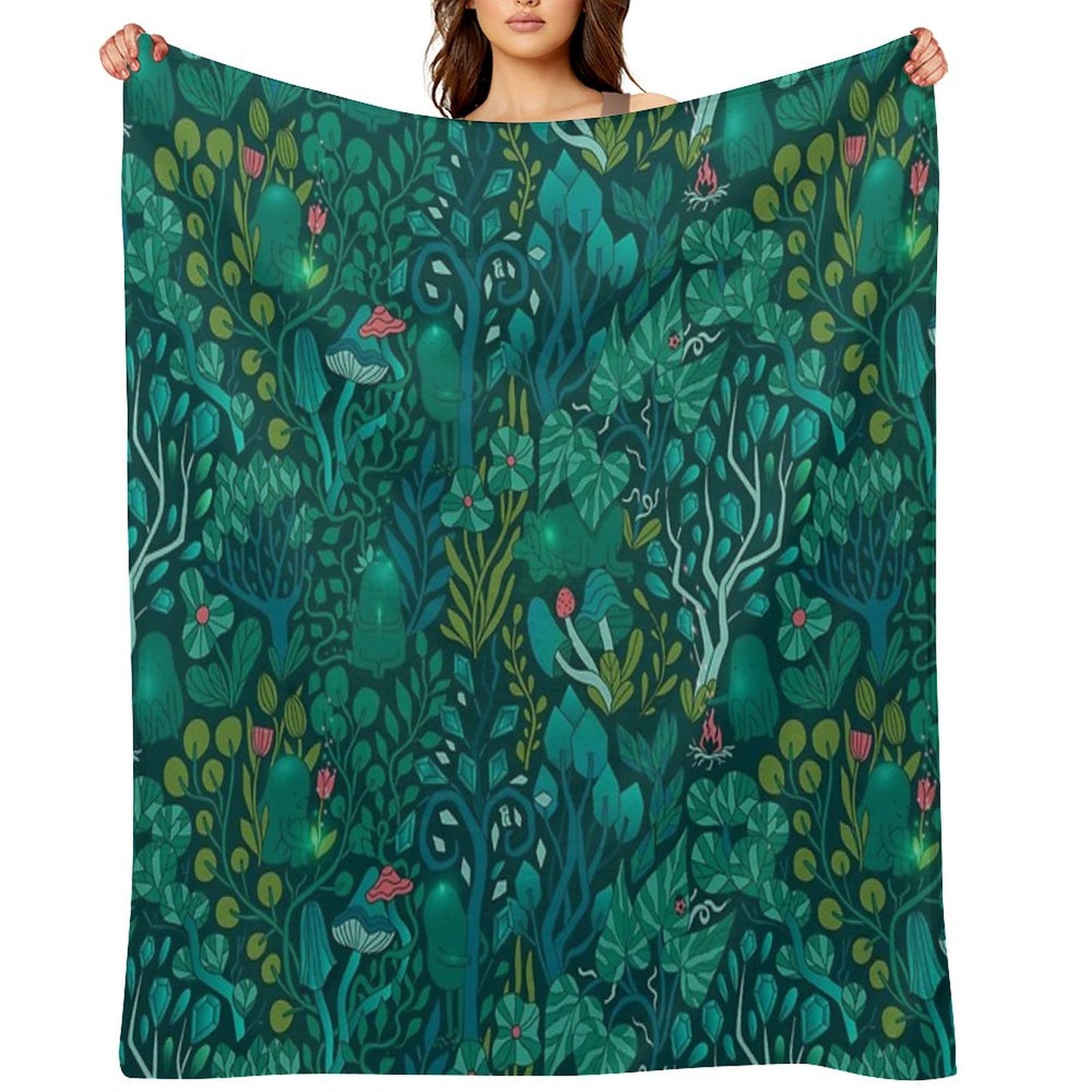 Emerald Forest Keepers. Fairy Woodland Creatures. Tree, Plants And Mushrooms Throw Blanket
