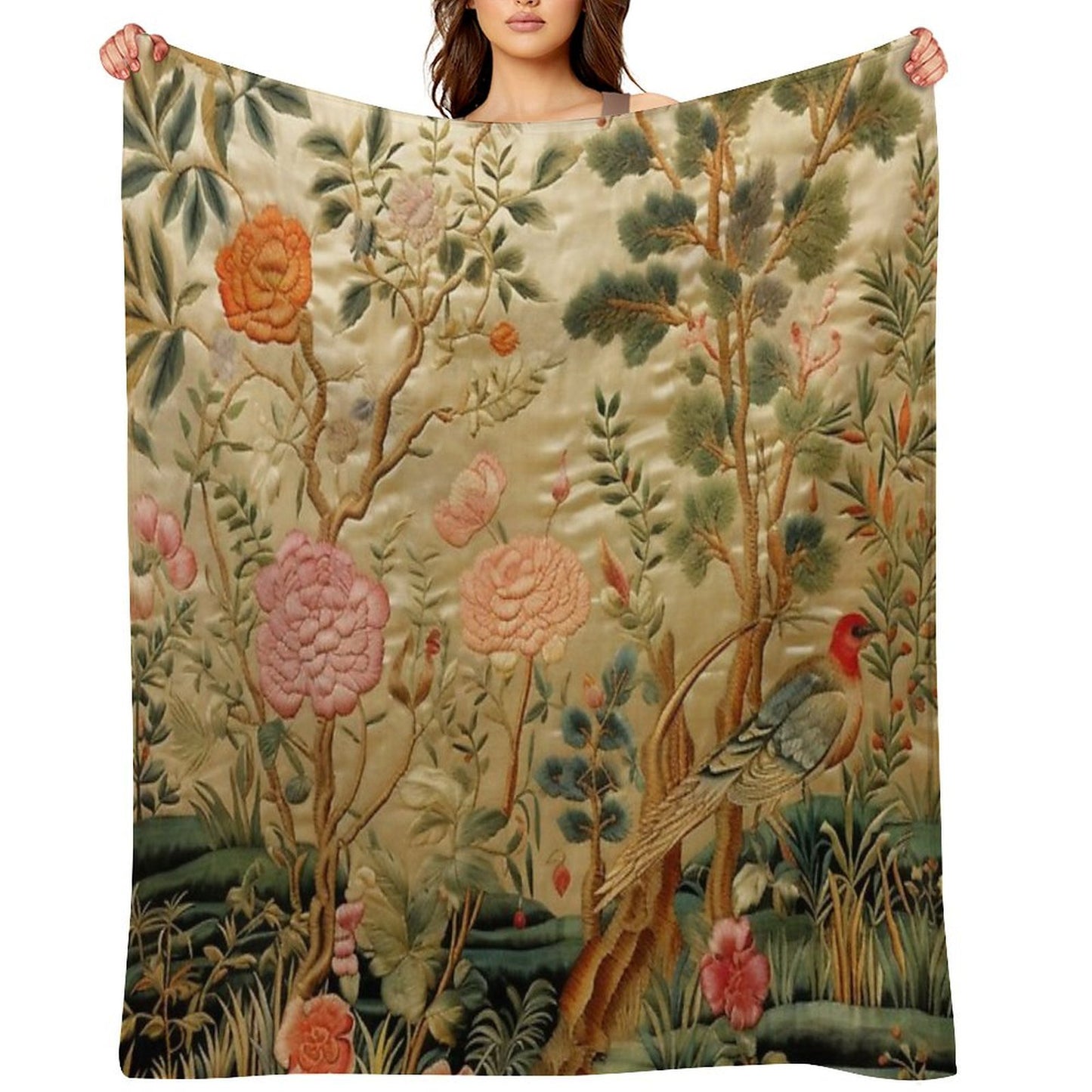 Silk Floral Birds Carpet Throw Blanket