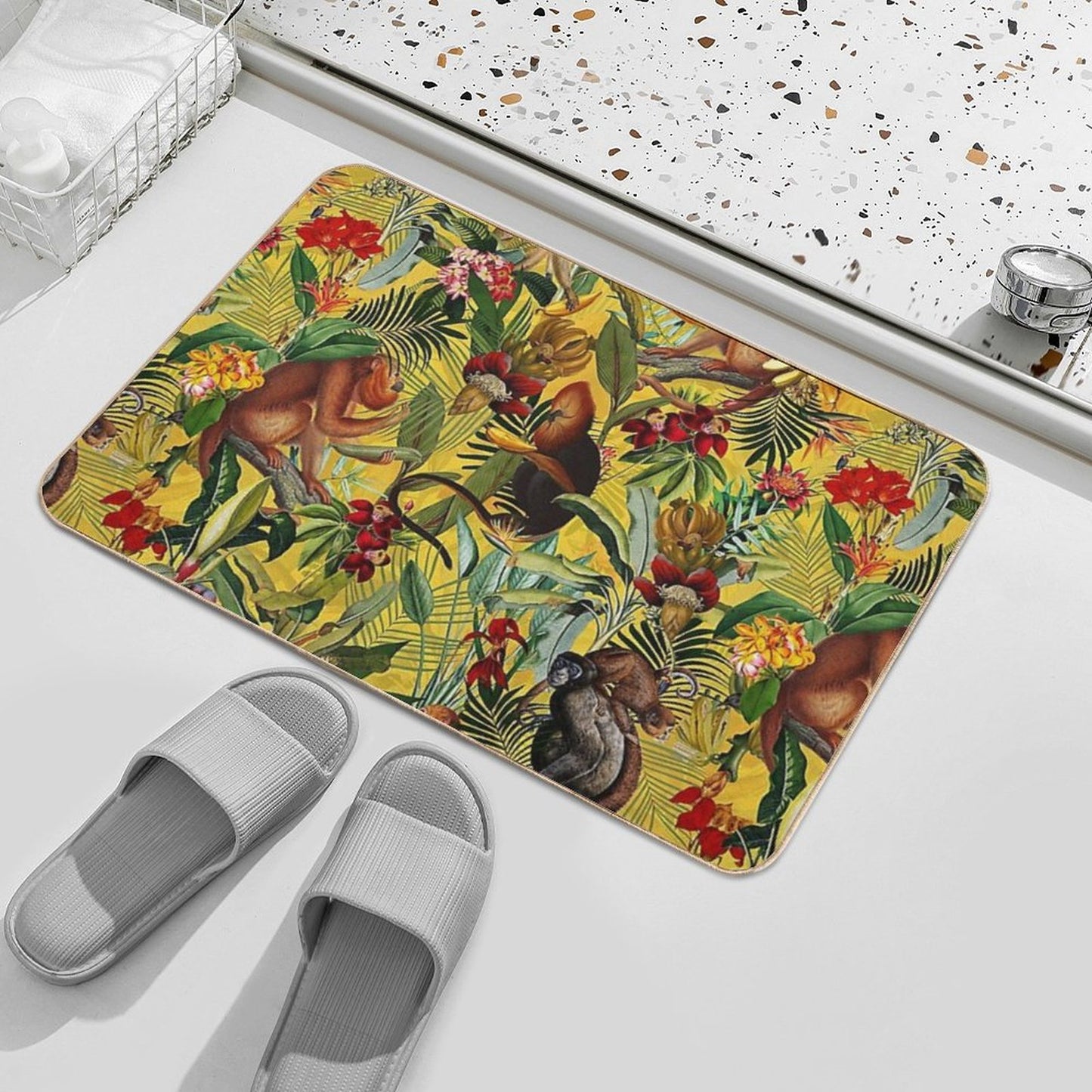 Tropical Monkey Jungle Botanical Garden Pattern - Yellow Nightgarden Bath Mat