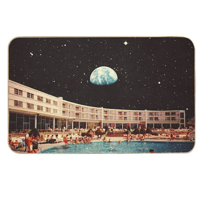 Lunar Pool Life - Retro-Futuristic Holiday Resort, Science Fiction Collage  Fade-Resistant Bath Mat