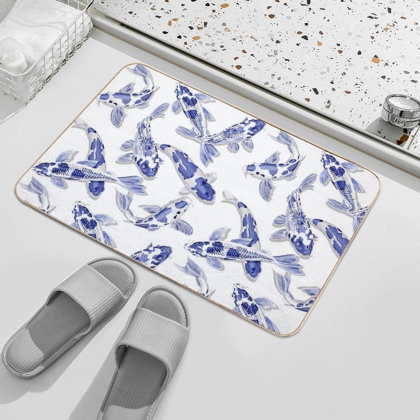 Blue And White Koi Fish Artwork – Zen Wall Decor for Home & Office Bath Mat