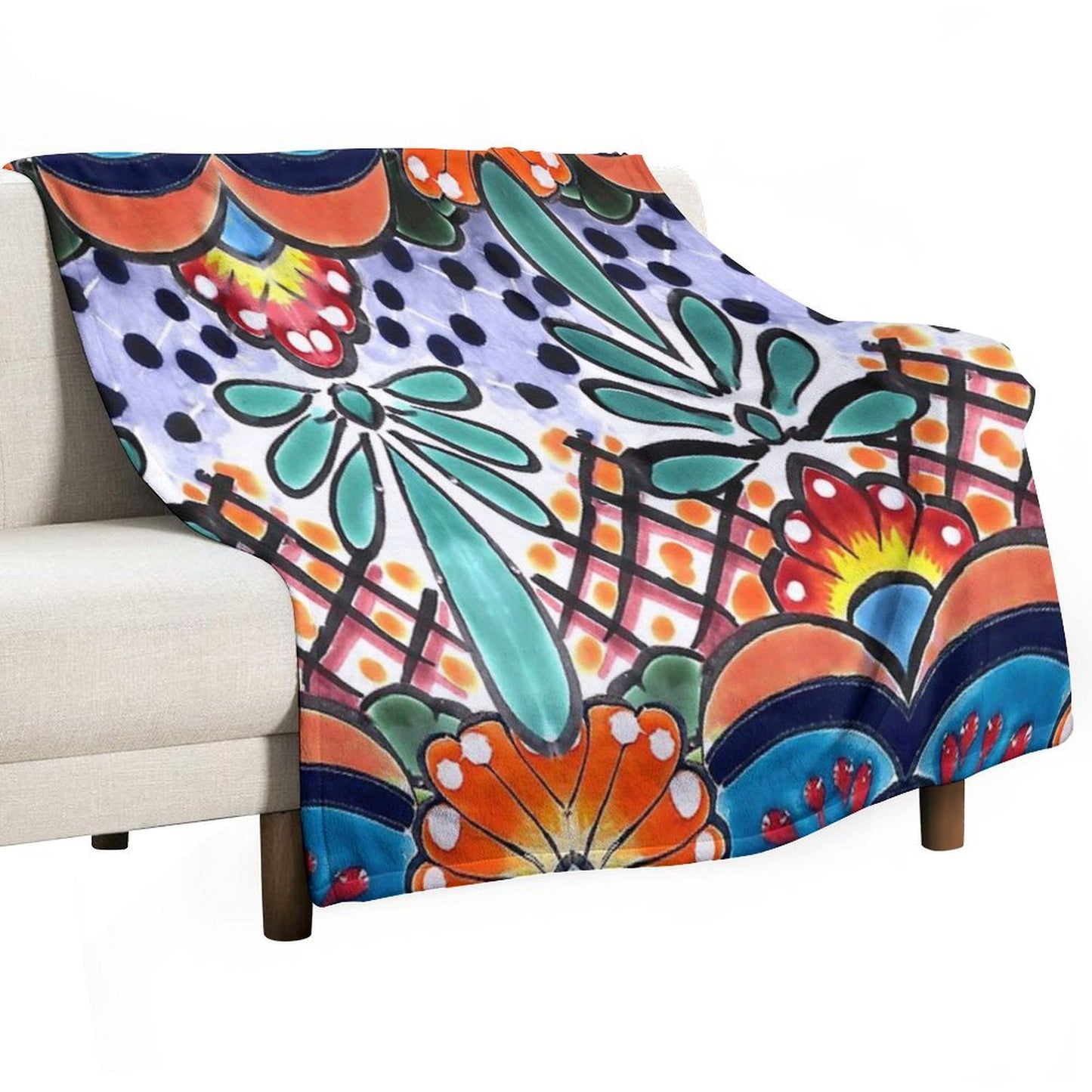 Colorful Talavera, Orange Accent, Mexican Tile Design Throw Blanket