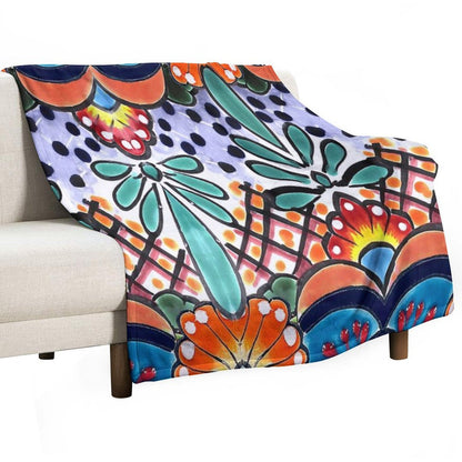 Colorful Talavera, Orange Accent, Mexican Tile Design Throw Blanket