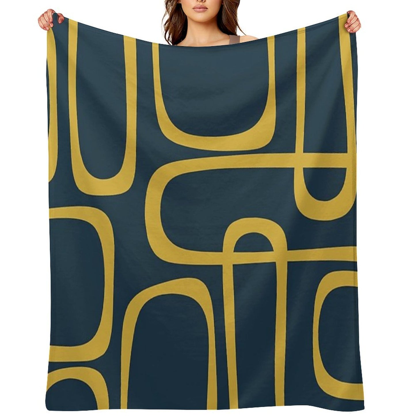 Midcentury Modern Loops Retro Pattern in Light Mustard And Navy Blue Throw Blanket